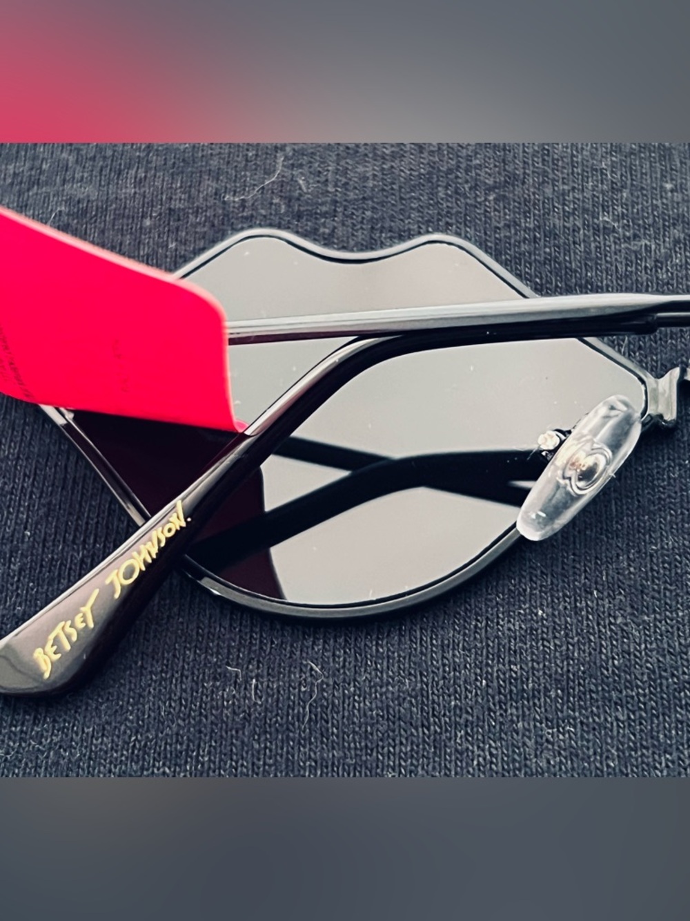 Betsey Johnson Pink and Black Lip-Shaped Sunglasses with hard shell case